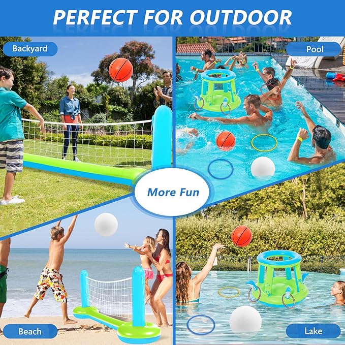 Jasonwell Pool Toys Games Set - 3 in 1 Pool Volleyball Net Basketball Hoop Ring Toss Game Inflatable Floats Water Floating Volleyball Swimming Pools Games Party Gift for Kids Adults (Green&Blue, XL)