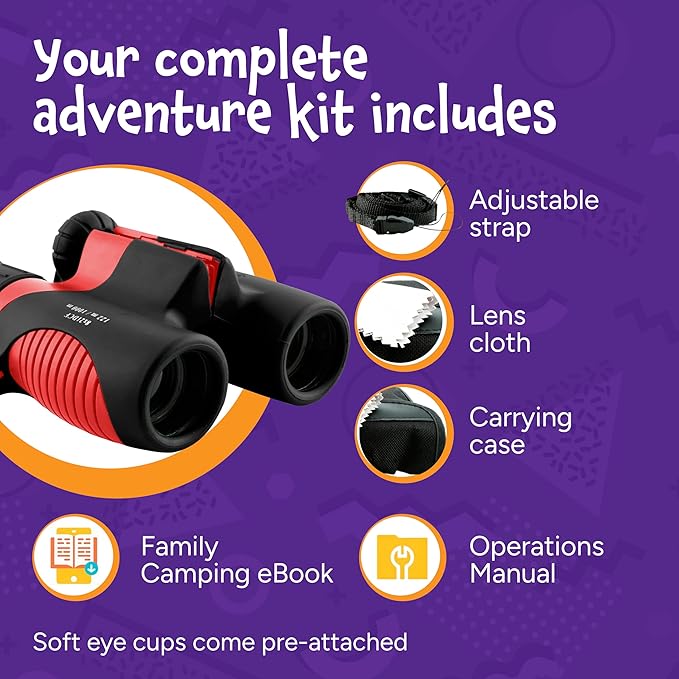 Think Peak Red Binoculars Science Toy for Kids Ages 3-12 Years - Real Compact Outdoor Adventure & STEM Educational Nature Hiking Explorer for Bird Watching, Camping Children’s Birthday Gift
