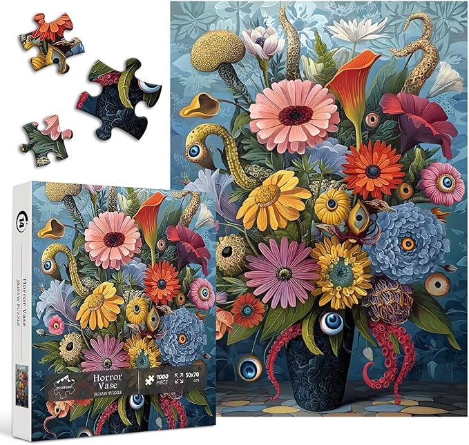 PICKFORU Horror Vase Jigsaw Puzzles 1000 Pieces, Scare Gothic Eyes Flower Puzzles for Adults, Vintage Difficult Unique Puzzle as Wall Decor
