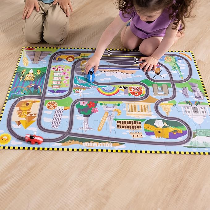 Melissa & Doug Race Around the World Tracks Cardboard Jigsaw Floor Puzzle and Wind-Up Vehicles (48 Pcs) for Preschoolers and Kids Ages 4+