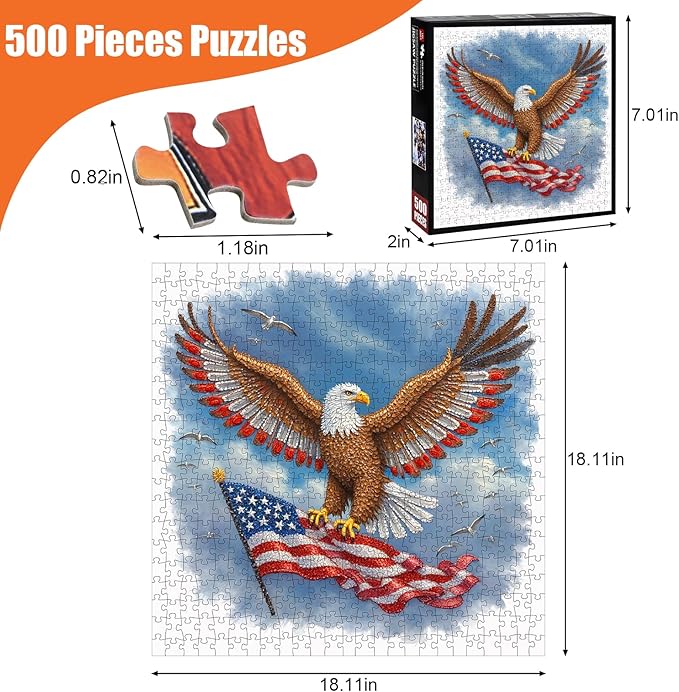 American Flag Eagle Puzzles for Adults 500 Pieces - USA Patriotic Jigsaw Puzzle Faith Country, United States Bald Eagle Puzzle with Letters on Back, US 4th of July Puzzles as Patriots Home Decor