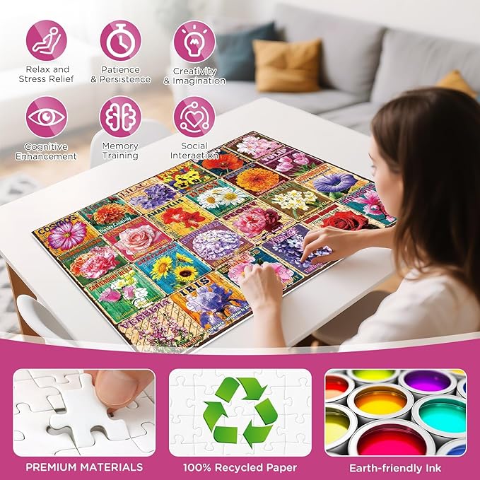 500 Pieces Puzzle for Adults, Colorful Flower Collage Puzzles, Recycled Cardboard Large Pieces Vintage Flower Jigsaw Puzzles 500 Piece,Challenging Game Birthday Party Gift for Adults Seniors 20.5*15in