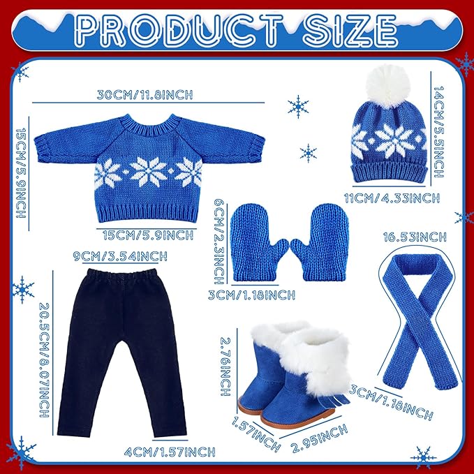 Bencailor 6 Pcs 18 Inch Christmas Doll Clothes and Accessories Winter Outfits Set Sweaters Trousers Hats Shoes Gloves for 18 Inch Doll Gifts(Blue)