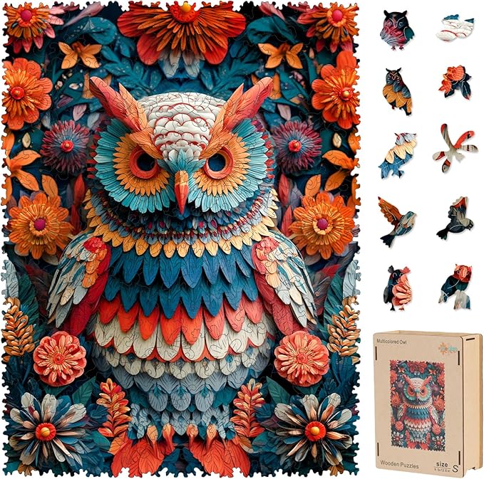MEATRN Multicolored Owl Wooden Puzzles for Adults - 515 Pieces Natural Wood Jigsaw Puzzle, Laser-Cut Precision, Forest Wildlife Animal Theme, Relaxing Family Game & Creative Gift, 13.4x17.7in