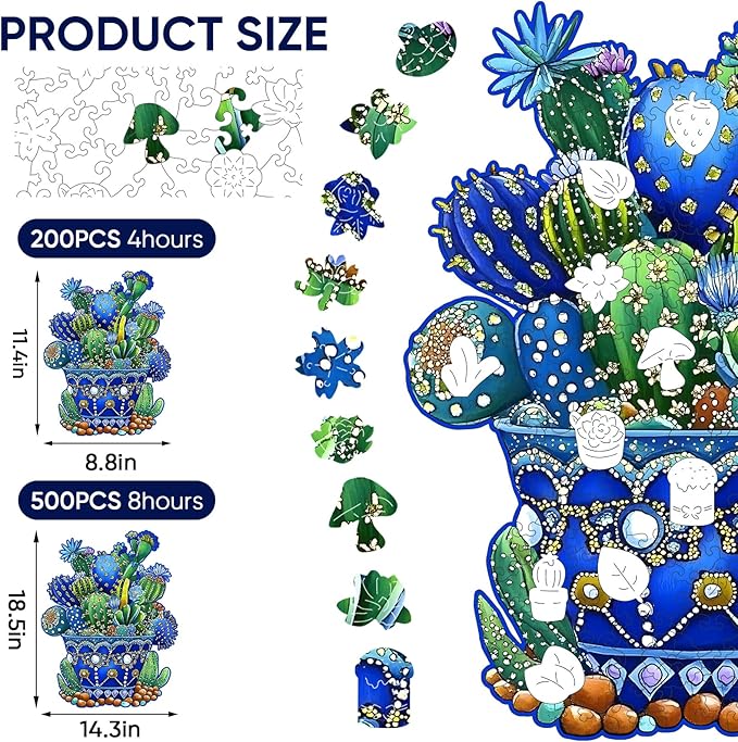 Delobil Puzzles for Adults, 200 Pieces Cactus Jigsaw Puzzles, Unique Shaped Flowers Wooden Puzzles for Adults and Kids, Family Game for Plant Lovers, 8.8 x 11.4 Inches