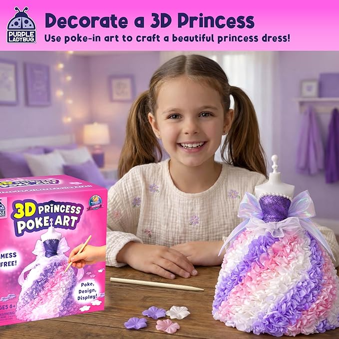 PURPLE LADYBUG 3D Princess Dress Poke Art Craft Kit for Kids Ages 6–12, Mess-Free DIY Flower Foam Activity Creative Gift Set, Birthday Holiday Craft Project