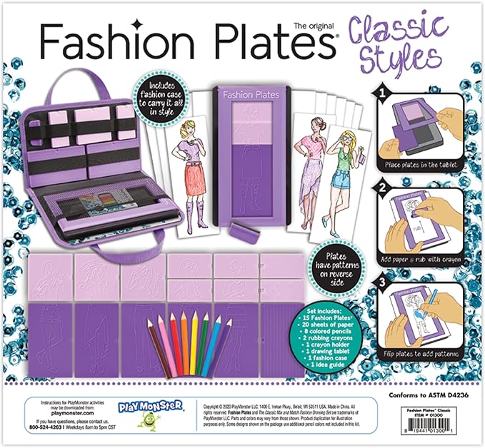 Fashion Plates Classic – Girls Fashion, Mix-and-Match Drawing Kit, Arts and Crafts, Coloring, Art Supplies, Craft Supplies, Stencils, Crayons Included, Create Your Own Designs, Ages 6+