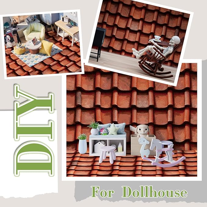 Flutesan 12 Pcs Miniature Dollhouse Wallpaper and Flooring Peel and Stick Mini DIY Self Adhesive Dollhouse Accessories 8.27 x 11.69 Inch (Roof Tiles Clay)