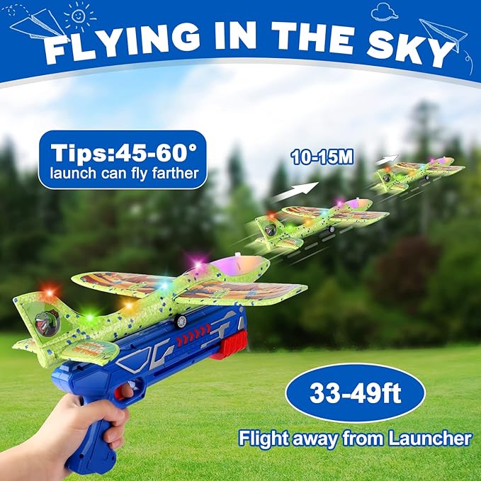 3 Pack Airplane Launcher Toy, 12.6" Foam 2 Flight Mode Led Plane Catapult Boy Toys with 3 DIY Stickers, Outdoor Flying Toys for Kids Gifts for 4 5 6 7 8 9 10 12 Year Old Boys Girls