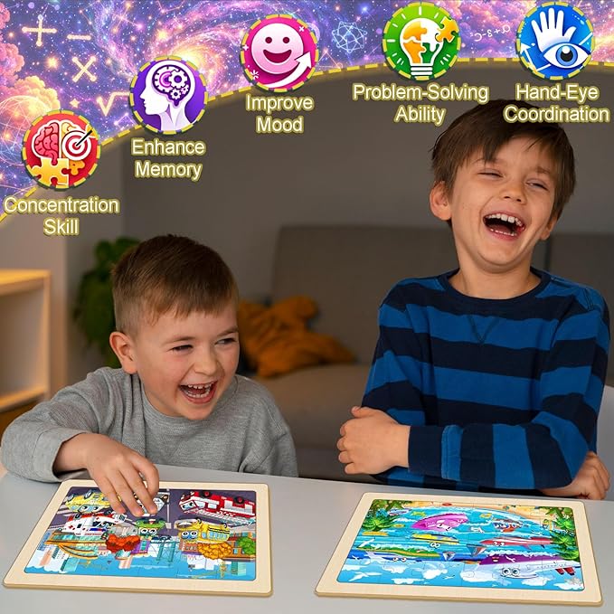 24 Piece Wooden Vehicle Jigsaw Puzzles for Kids 3-5, 4 Packs Transportation Puzzle with Storage Tray, Construction Excavator, Fire Truck & Airplane STEM Learning Toys, Birthday Gift for Kids Ages 3-8