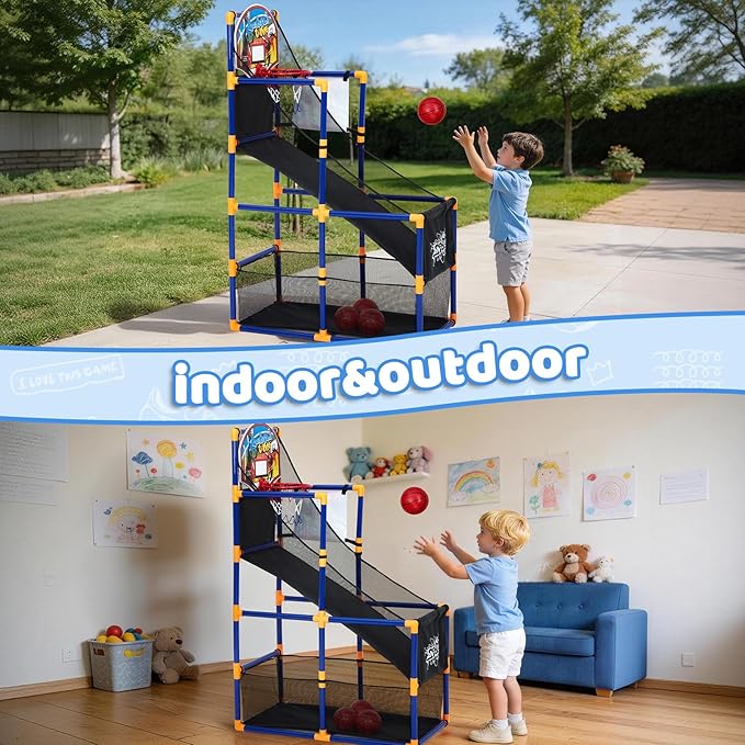 2-in-1 Kids Basketball Arcade Game Set with 4 Balls & 6 Sticky Toss Balls – Indoor & Outdoor Basketball Hoop and Dart Game, Height Adjustable Sports Toy with Ball Return Ramp for Boys & Girls Ages 3+