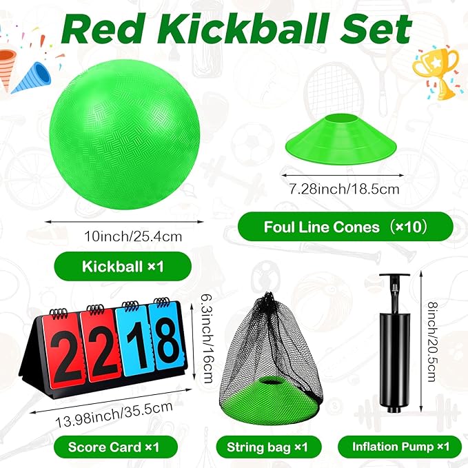 Jenaai 18 Pcs Sports Kickball Set Includes Playground Ball 5 Rubber Throw Down Bases Ball Pump Scoreboard Net Bag 10 Foul Line Cones for Adults Playground Backyard Game(10 Inch,Green)