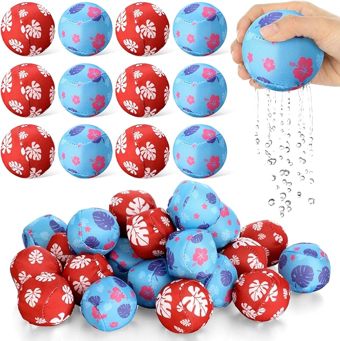 24 Pack Cartoon Hawaiian Party Favors Water Balls Bomb for Pool, 2 Inch Reusable Water Balls Bulk Red Blue Flower Patterns Absorbent Pool Toys for Kids Beach Luau Party Supplies