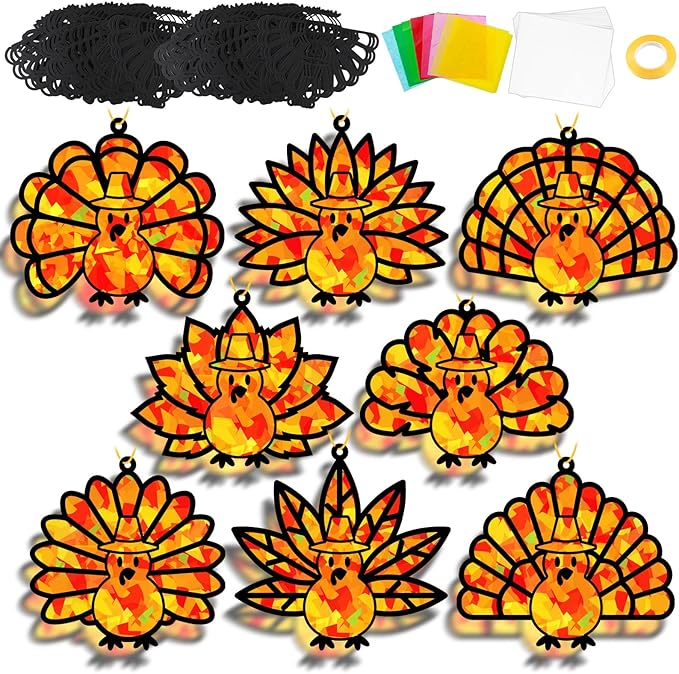 32 Sets Thanksgiving Turkey Suncatchers Craft Kit DIY Window Stained Glass Effect Thanksgiving Turkey Paper Crafts Home School Classroom Decoration Kid Birthday Gift Creative Art Project Activity Game