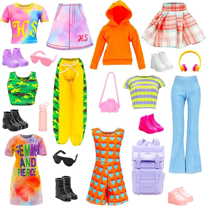 18 Pcs Doll Clothes & Accessories for 11.5 Inch Girl Dolls Include 6 Chill Outfit Hooded Sweater, Dress, Skirt, Sport Wear, Jumpsuit, 6 Shoes, 1 Backpack, 5 Accessories for Dolls Casual Wear