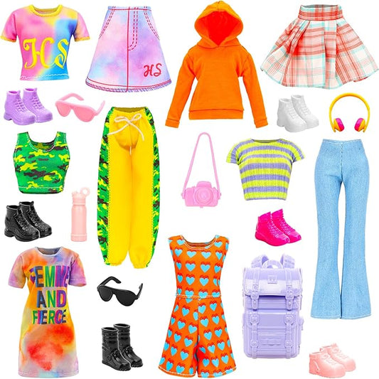 18 Pcs Doll Clothes & Accessories for 11.5 Inch Girl Dolls Include 6 Chill Outfit Hooded Sweater, Dress, Skirt, Sport Wear, Jumpsuit, 6 Shoes, 1 Backpack, 5 Accessories for Dolls Casual Wear