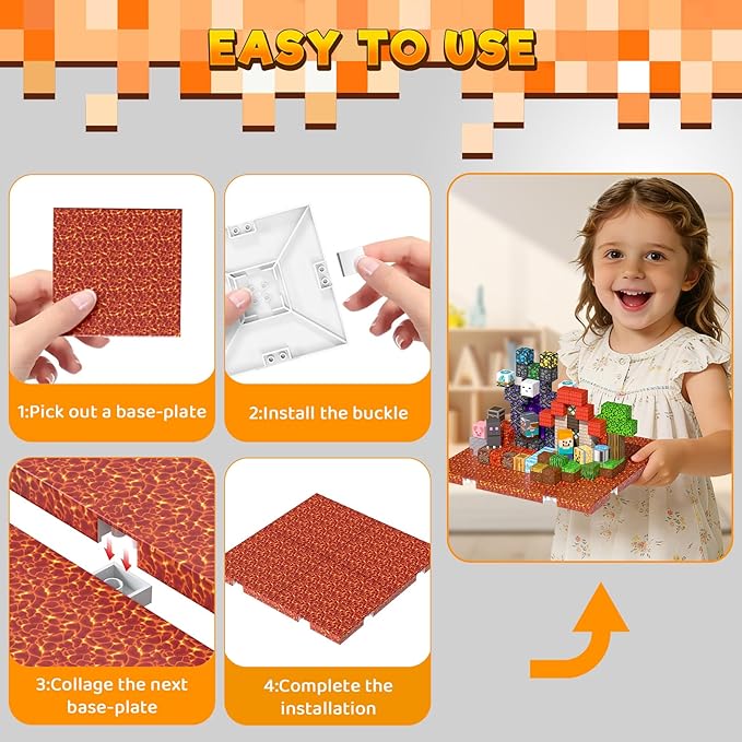 4PCS Magnetic Blocks Base Plates for Kids, 4" x 4" Strong Grip Magnetic Tiles Base Fits Most Magnetic Blocks & Cubes, STEM Building Toy Birthday Gifts for Boys Girls Ages 3+ (Lava)