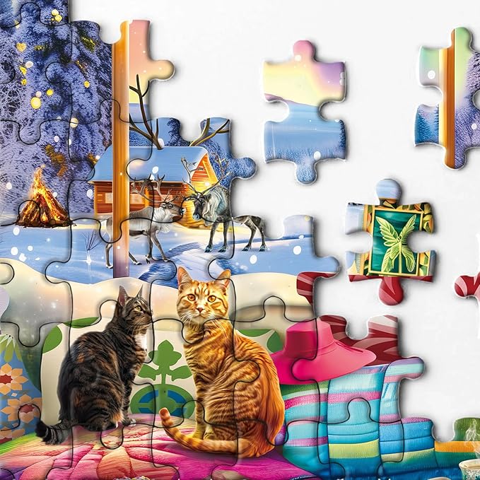Winter Book Nook Puzzle 1000 Piece for Adult, Cozy Cabin Northern Lights Jigsaw Puzzle, Cat Animals Puzzles