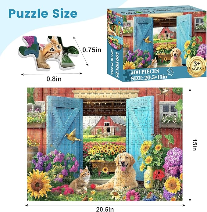 500 Piece Animal Farm Puzzle for Adults, Spring Flowers Jigsaw Puzzle, 500 Piece Dog and Cat Puzzle as Home Decor, Friends Family Activity Game Nights Gifts, 20.5×15 in