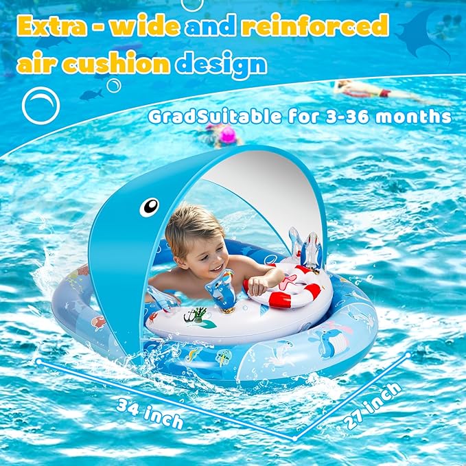 Baby Pool Float with Canopy, Baby Swim Float with UPF50+ Sun Protection Canopy and Toy Play Console, Inflatable Baby Float & Swimming Float with Adjustable Safety Seat for 6-36 Months