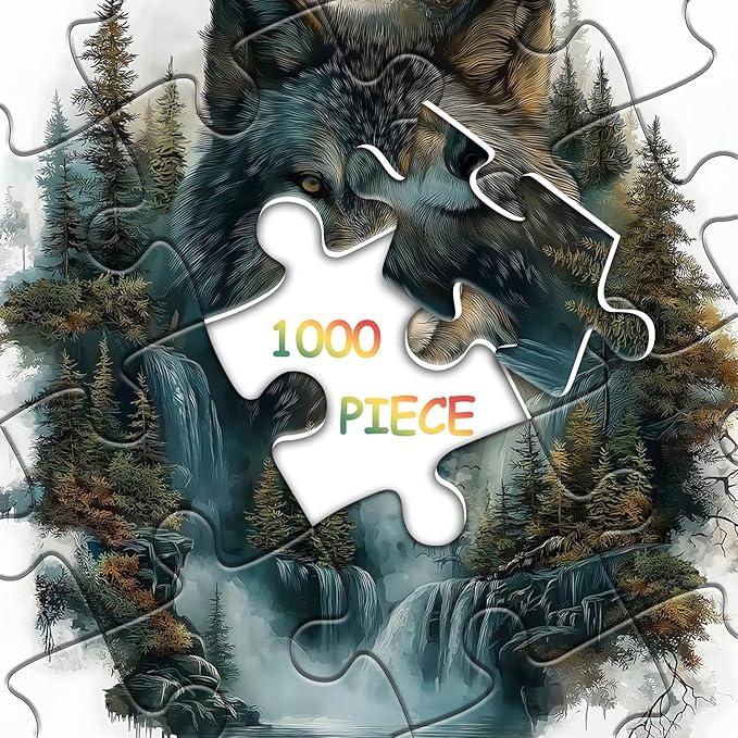 Wolf Puzzles for Adults 1000 Pieces, Landscape Forest Puzzles, Waterfall Nature Jigsaw Puzzle, Beautiful Animal Wolf Home Wall Decor