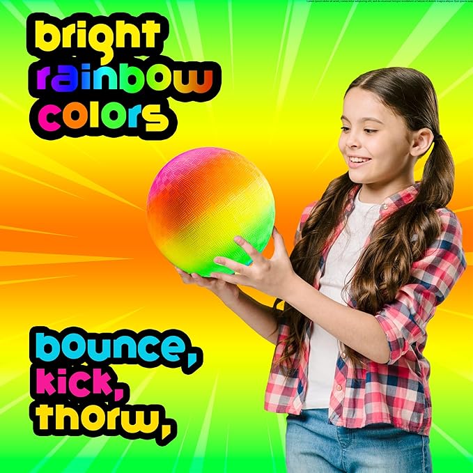 Rainbow Playground Balls - 8.5 Inch (Pack of 4) Rubber Bouncy Colorful Inflatable Balls for Kids and Adults, Indoor & Outdoor Games, Kickball, Dodgeball, Four Square, Dodge, Recess, Handball