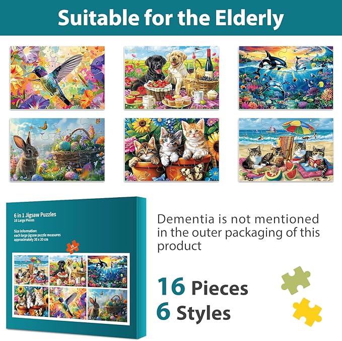 6 Pack 16 Piece Dementia Puzzles for Elderly Large Piece Puzzles Alzheimers Dementia Products and Activities for Seniors Puzzles Easy Cognitive Games Gift for Seniors Elderly Adults in Nursing Home