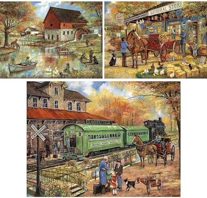 Bits and Pieces Value Set of Three Jigsaw Puzzles for Adults – Vintage Americana by Ruane Manning – 300 Piece & 500 Piece (18" x 24") and 1000 Piece (20" x 27") Collection (Three 1000 Piece Puzzles)