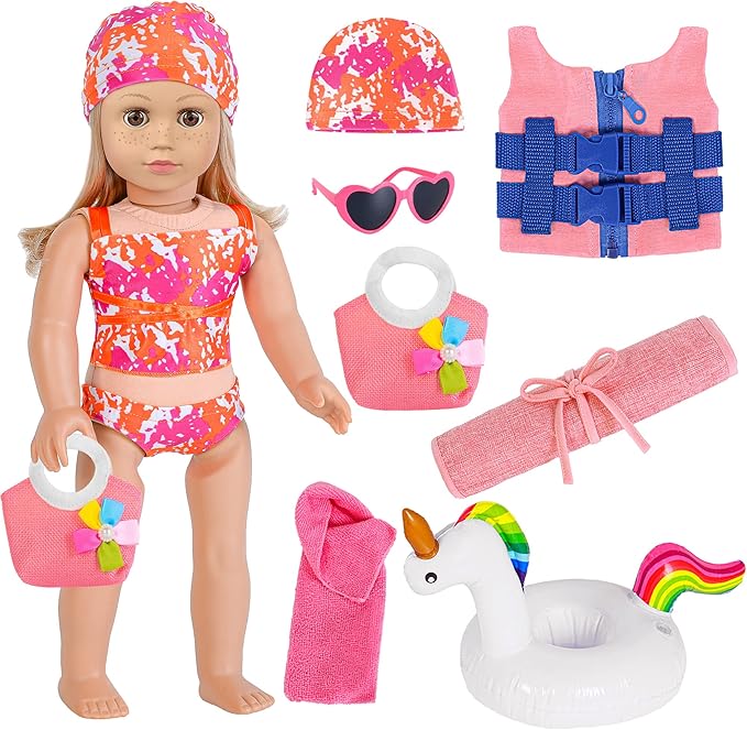 ebuddy 18 inch Doll Clothes and Accessories - Swimsuit and BeachSet Summer Pool & Beach Outfit with Life Vest, Unicorn Float, Towel and More for 18" Dolls (No Doll)