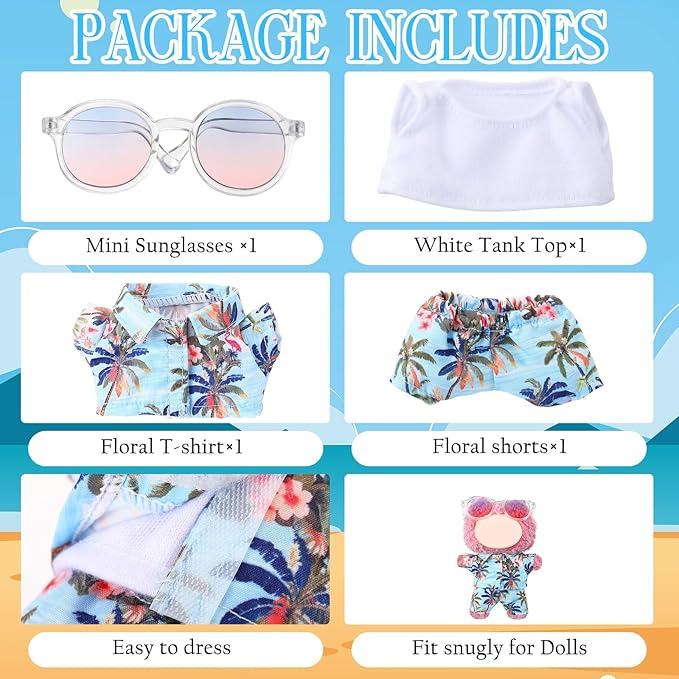 Simgoing 4 Pcs 17cm Dolls Hawaii Outfit Set Summer Floral Shirt Shorts White Vest and Mini Sunglasses Vacation Style Doll Clothes with Accessories Beach Apparel for 17cm Dolls (Tropical Coconut Style)