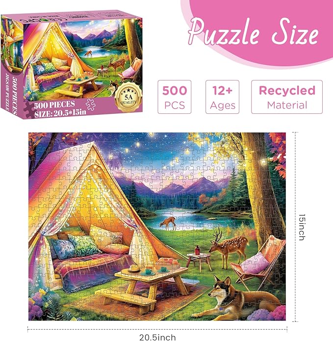 500 Piece Puzzle for Adults, Dreamy Forest Camping Puzzles for Adults Senior, Starry Sky, Lake and Cute Deer Jigsaw Puzzles, Challenging Perfect Game Nights for Family Friend 20.5 X 15 in