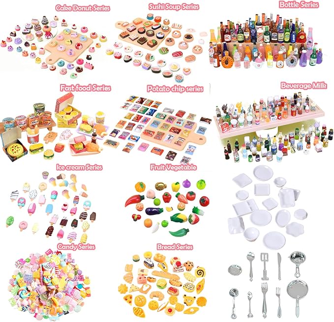 150Pcs Miniatures Food Drinks Bottles Doll House Accessories 1:12 Playset Pretend Play Kitchen Game Party Toys Mini Things Stuff Tiny Baking Travel Road Trip Toys Micro Mart Toddler Boys Girls