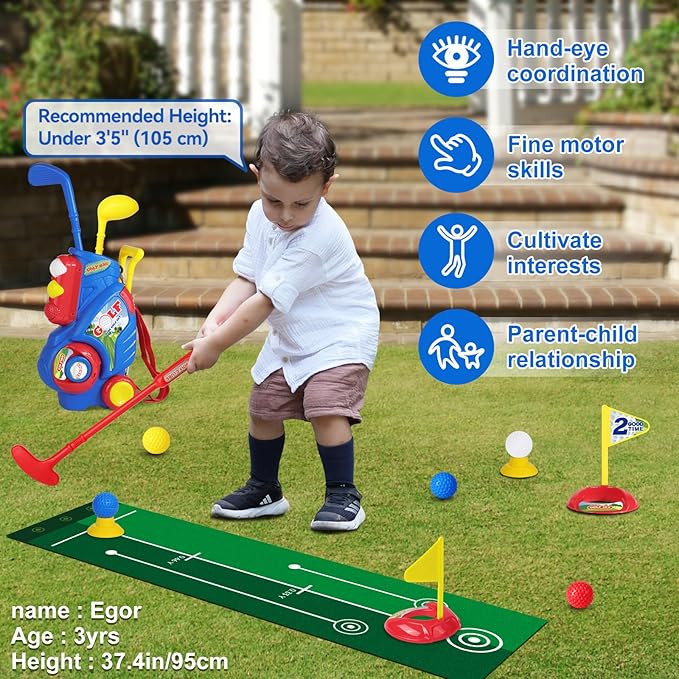 Toddler Golf Set for Boys Girls 1 2 3 4 Years Old, Kids Golf Clubs Set with Cart & Putting Mat, Outdoor Indoor Sports Toys Birthday Gift, Blue