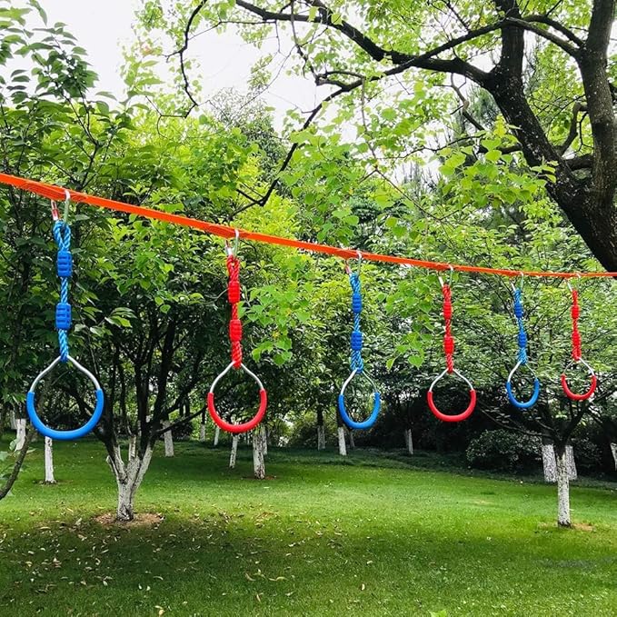 Backyard Ninja Ring Hang Gymnastic Fist Swing Monkey Bar Playground Equipment Climbing Attachment Playground Play Set, 4 Red Obstacle Course Fit Rings Jungle Gym Slackline Warrior Training Equipment