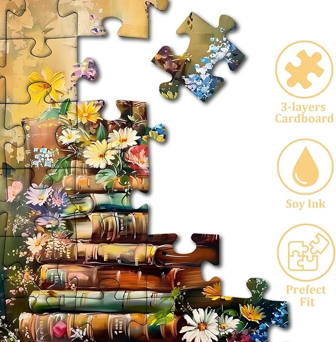Vintage Book Puzzle for Adults，PICKFORU Wildflower Pages Jigsaw Puzzle 1000 Pieces,Retro Plant Floral Puzzle, Book Aesthetic Puzzle for Book Lover
