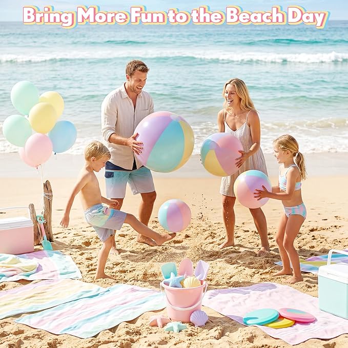 4 Pack Beach Balls in 4 Sizes (24" 16" 12" 8"), Inflatable Pastel Pool Balls for Kids Adults, Summer Beach Party Hawaiian Luau Birthday Party Supplies, Water Toys Gifts(Macarons)