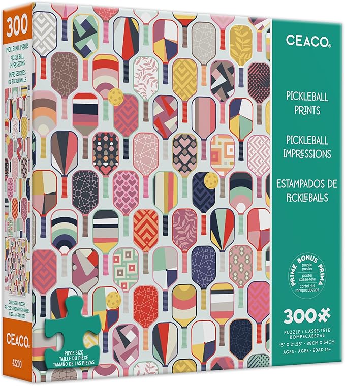 Ceaco – Pickleball Prints - Emma Schonenberg – 300 Piece Jigsaw Puzzle for Adults with Oversized Pieces and Bonus Poster – Colorful Pickleball Paddle Art Puzzle