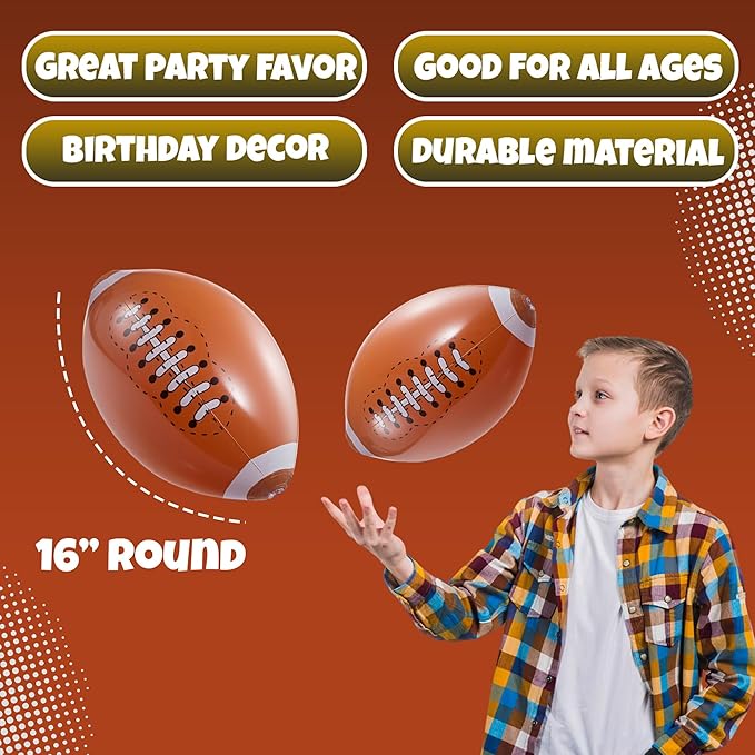 Bedwina 12-Pack 16" Inflatable Footballs for Football Party Decorations & Party Favors – Blow-Up Sports-Themed Beach Balls for Game Day & Birthday Supplies, Goodie Bag Stuffers