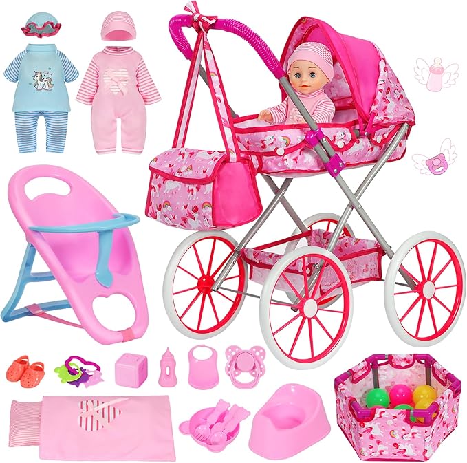 DRAMATION Unicorn Baby Doll Stroller Set with 11'' Baby Doll, Foldable Doll Stroller, Playpen, Dining Chair and 24 PCS Baby Doll Accessories, Doll Playset Toy for Girls Toddlers 3-5 4-6 Birthday Gifts