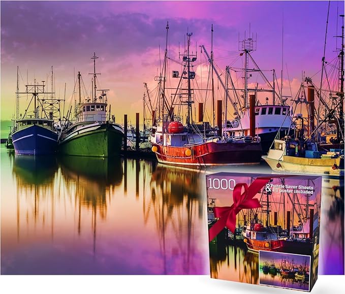 1000 Piece Puzzle for Adults - Scenic Harbor with Colorful Boats, Gift-Ready Box, Letters on Back, 8 Puzzle Saver Sheets & Full-Size Poster by GERJATO - Ideal Gift for Loved Ones