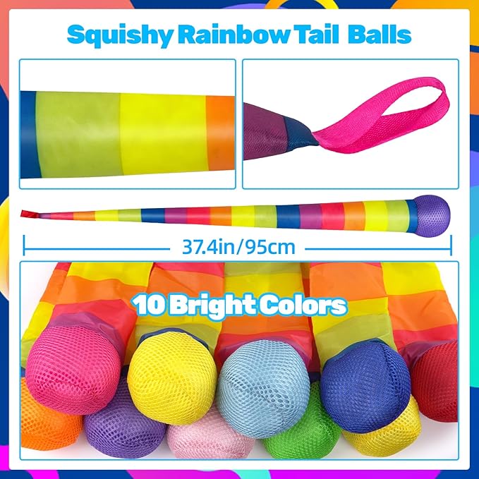 Wholelovein 37.5inch Throw and Catch Balls with Rainbow Tail, Soft Sports Play Comet Balls Playground Toys Bulk for Kids Adults Games and Activities