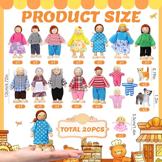 Skylety 20 Pcs Wooden Dollhouse Family Set of 16 Mini People Figures and 4 Pets, Wooden Dollhouse Dolls Cosplay Family Figures Accessories for Pretend Toy(Rustic Style)