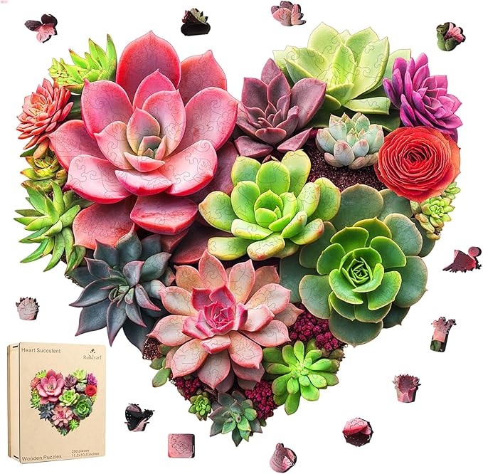 Ruikiyart Wooden Puzzles for Adults,Heart Succulents Flower Jigsaw Puzzles for Adults and Kids,200 Pieces Unique Shaped Wood Plant Puzzles for Kids,Mother's Day Puzzle Gifts Family Games,11.2"x10.8"