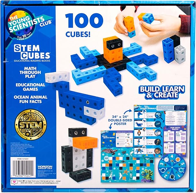 The Young Scientists Club Ocean Animals STEM Cubes,Build,Learn & Create with 100+ Math Cubes Manipulatives,2-in-1 Educational Games,Math Cubes for Kids Ages 4-8,Multi,One Size