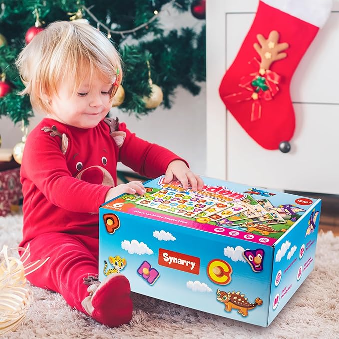 SYNARRY Wooden Puzzles for Toddlers 1-3, 6XSET Puzzles for Toddlers 2-4 with Rack, Learning Alphabet Number Shape Animal Dinosaur Vehicle, Toddler Easter Basket Stuffers Gifts Toys for Boys Girls
