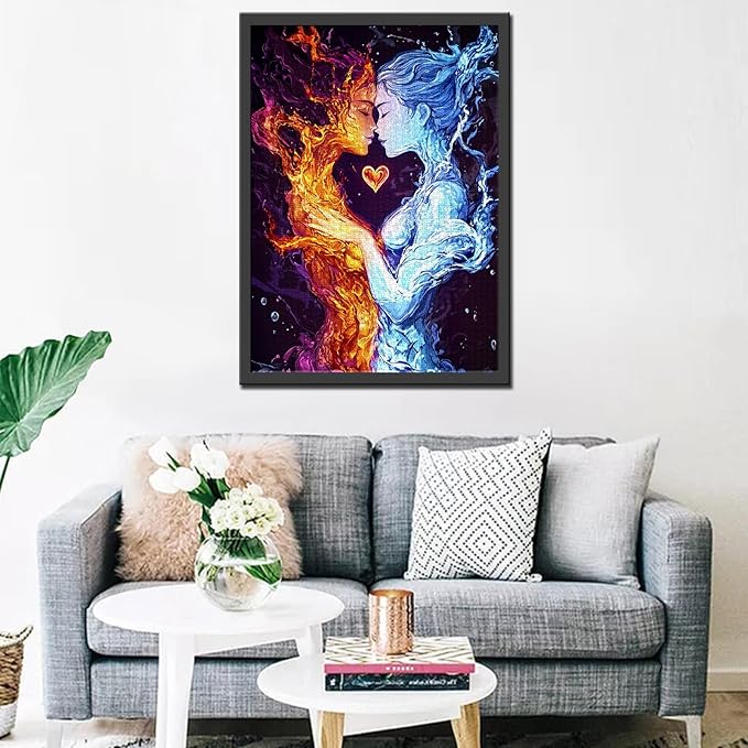 Abstract Fire Couple 1000 Piece Jigsaw Puzzles for Adults Boy and Girl Painting Jigsaw Puzzle Romantic Love 1000 Pieces Puzzles Game Home Wall Decor DIY Craft Heart Pattern Puzzle Art(Colorful)