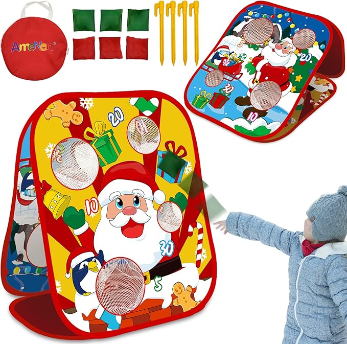 Christmas Party Games for Kids Adults Bean Bags Toss Game Double Side Collapsible Cornhole 8 Score Holes Christmas Toys Party Favors Supplies Carnival Yard Indoor Outdoor (6 Bean Bags)