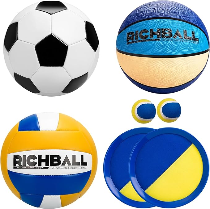 Richball 4-in-1 Outdoor Sports Ball Set for Kids – Soccer, Basketball, Volleyball and Toss & Catch Paddle Ball Game – All-in-One Gift Stocking Stuffers for Kids Boys & Girls Ages 3+
