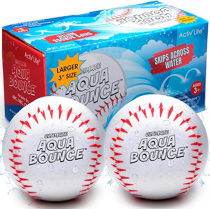Activ Life Ultimate 2 Pack Larger 3” Water Skip Balls - Bouncing Balls for Swimming Pool & Beach Fun - Designs Include Baseball, Basketball, Volleyball, and Tennis for Kids, Friends, and Family