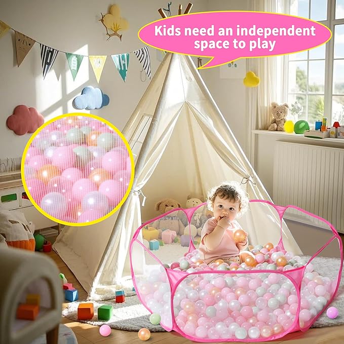 STARBOLO Cute Hexagon Kids Ball Pits, Indoor Outdoor Collapsible Play Pool Fence for Boys Girls Pets Puppy Cats, with Carry Tote, Balls Not Included (Pink)